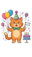Cheerful orange tabby cat celebrating with balloons, party hat, bow tie, cake and confetti on white background. Perfect for birthday invitations and festive designs.