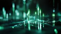 Futuristic glowing green light pillars rising from digital surface with bokeh effect and reflections creating abstract technological landscape.