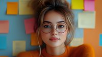 Young Caucasian woman wearing round glasses and orange sweater with messy bun hairstyle against colorful sticky notes background, soft focus portrait with gentle smile.