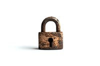 Old rusty padlock with keyhole on white background, showing weathered metal texture and vintage patina. Isolated object for security and protection concepts.