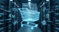 Digital shopping cart with glowing e-commerce icons in futuristic cyber space for online retail technology and digital marketing concepts.