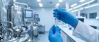 Laboratory scientist in blue gloves holding test tube in modern pharmaceutical research facility with sterile equipment and clean room environment.