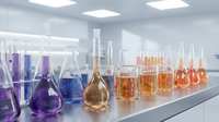 Laboratory glassware with colorful chemical solutions on white table in modern research facility for scientific experiments and analysis.