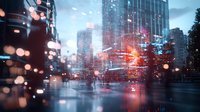 Atmospheric urban night scene with rain drops and bokeh lights creating dreamy effect on city street. Modern skyscrapers and glowing reflections blend into moody cityscape.