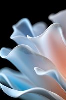 Soft flowing fabric waves in gentle blue and coral tones against black background create abstract organic shapes with smooth curves and delicate folds.