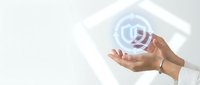 Business professional hand presenting digital shield security icon with protective layers for cybersecurity and data protection concepts.