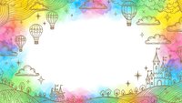 Colorful watercolor frame with hot air balloons, castle, clouds and stars creating magical border with white center space for text or design.