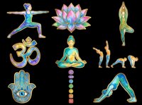 Watercolor yoga clipart set with lotus, om symbol, hamsa, chakras, meditating figure and poses, isolated on transparent background. For stickers, sublimation, t-shirt design.