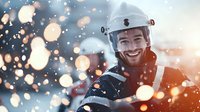 Young Asian male construction worker in white safety helmet smiling at sunset with bokeh light effects and warm glowing atmosphere, industrial portrait.