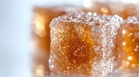 Crystallized brown sugar cubes with sparkling sugar coating in macro photography, soft bokeh background creates dreamy atmosphere for food and sweets designs.