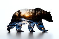 Double exposure silhouette of wild bear filled with winter forest landscape, snowy river and golden sunset through bare trees. Nature conservation concept.