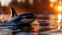 Orca whale breaching ocean surface at golden sunset with dramatic water splashes and warm bokeh lighting effects creating magical marine wildlife moment.
