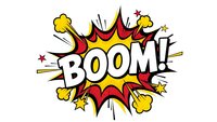 Comic book explosion burst with BOOM text in pop art style featuring dynamic red and yellow colors with radiating lines and stars on white background.
