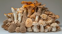 Fresh wild forest mushrooms arranged in rows showing variety of species including chanterelles and morels on neutral background, food photography for culinary use.
