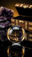 Crystal ball with amethyst geode and vintage treasure chest on marble surface for fortune telling and mystical divination practices.