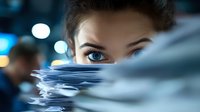 Intense blue eyes of young woman peering over stack of paper documents in office setting with blurred background and dramatic lighting effect.