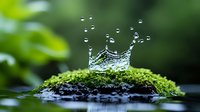 Water drop crown splash on green moss covered stone, creating dynamic liquid sculpture against blurred natural background. Macro photography captures frozen moment.