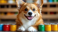 Happy Pembroke Welsh Corgi dog lying near colorful drink cans, smiling with tongue out. Close up portrait showing bright expression and fluffy fur.