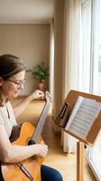 Middle-aged Caucasian woman with glasses playing acoustic guitar while reading sheet music on wooden stand by window in cozy home interior for music practice.