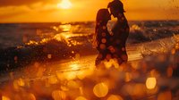 Romantic silhouette of young couple embracing on beach at golden sunset with ocean waves and bokeh light effects, perfect for wedding, anniversary or Valentine's Day designs.