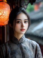 Young Asian woman in traditional Chinese qipao dress with red lantern background for cultural celebration and festival marketing materials.