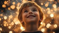 Smiling young Caucasian boy looking up with wonder against magical golden bokeh lights background creating dreamy holiday atmosphere. Captures childhood joy and imagination.