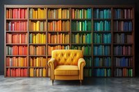 Bright yellow armchair against rainbow-organized bookshelf with colorful books arranged by spectrum, creating vibrant home library atmosphere on dark wall.