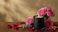 Luxury pink roses in elegant black candle holder with scattered petals on wooden surface. Romantic home decor setup with warm natural lighting and shadows.