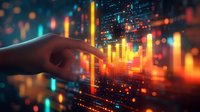 Finger pointing at glowing financial chart with orange and blue market data visualization on dark background. Digital analytics and trading concept.