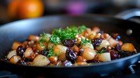 Fresh cooked beans with cranberries and herbs in cast iron pan, close up view of homemade vegetarian meal garnished with chopped parsley.
