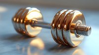 Golden metallic dumbbell with ribbed design on blue surface, reflecting light. Fitness equipment for strength training and bodybuilding.