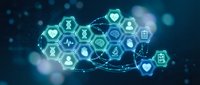 Digital healthcare network with connected medical icons and hexagonal interface elements on blue background for telemedicine applications.
