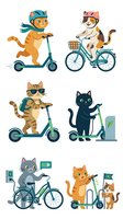 Cartoon cats and kittens riding scooters and bicycles wearing helmets and sunglasses. Isolated characters for children's design, stickers, and apparel.