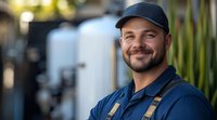 Smiling Caucasian male technician in blue uniform and cap standing outdoors near service truck ready for maintenance work and professional repairs.