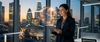 Businesswoman holding tablet in modern office with city skyline view at sunset, professional workspace environment for corporate and business concepts.