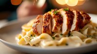 Sliced grilled chicken breast with creamy alfredo sauce over fettuccine pasta garnished with fresh herbs, served on white plate with warm bokeh background.
