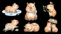 Capybara rodent animal character set isolated on transparent background, ready for t-shirt design, clipart, stickers, print-on-demand products and sublimation projects.