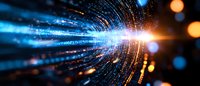 Abstract digital light tunnel with blue laser beams and orange glowing particles creating dynamic motion effect against dark background. Technology concept.