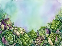 Watercolor illustration of fresh artichokes and romanesco broccoli with green foliage arranged at bottom border, featuring soft pastel purple, green, and blue washes on white background. Suitable for culinary designs, organic food packaging, and vegetable-themed projects.