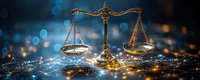 Golden scales of justice on sparkling blue bokeh background with glowing lights, symbolizing law, balance and legal proceedings in modern society.