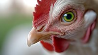 Close-up macro shot of white rooster head showing detailed eye, red comb and wattles against soft blurred background. Captures farm animal's fierce expression.