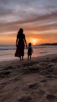 Mother and child silhouettes walking on beach at sunset with golden sky and ocean waves creating peaceful family moment for vacation memories.