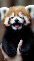 Adorable red panda with closed eyes and happy expression showing teeth in a broad smile while being held, close-up portrait against blurred background.