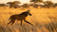 Wild coyote running through golden grassland during sunset with acacia trees in background, wildlife predator in natural savanna habitat for conservation content.