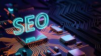 SEO glowing neon text on futuristic circuit board with electronic components and copper traces for digital marketing technology concepts.
