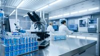 Modern laboratory with microscope and test tubes, scientists conducting research in sterile medical facility for pharmaceutical development and analysis.
