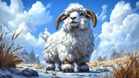 Fluffy white ram with curved horns standing on rocky mountain terrain against dramatic cloudy blue sky. Farm animal livestock illustration for nature designs.