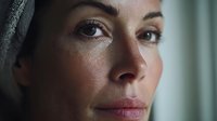 Close up portrait of young woman with natural makeup and thoughtful expression looking away, soft window lighting creates dramatic shadows on face.