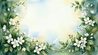 Watercolor floral frame with white blooms and green leaves on soft blue background, copy space for text or design.
