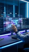 Professional male developer interacting with holographic email interface on futuristic digital display in modern tech workspace with neon lighting and server room background.